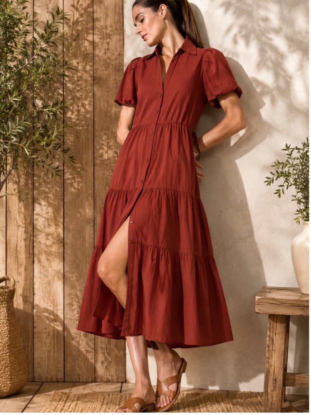 Brochu Walker Havana Poplin Collared Short Sleeve Tiered Midi Dress Red Large